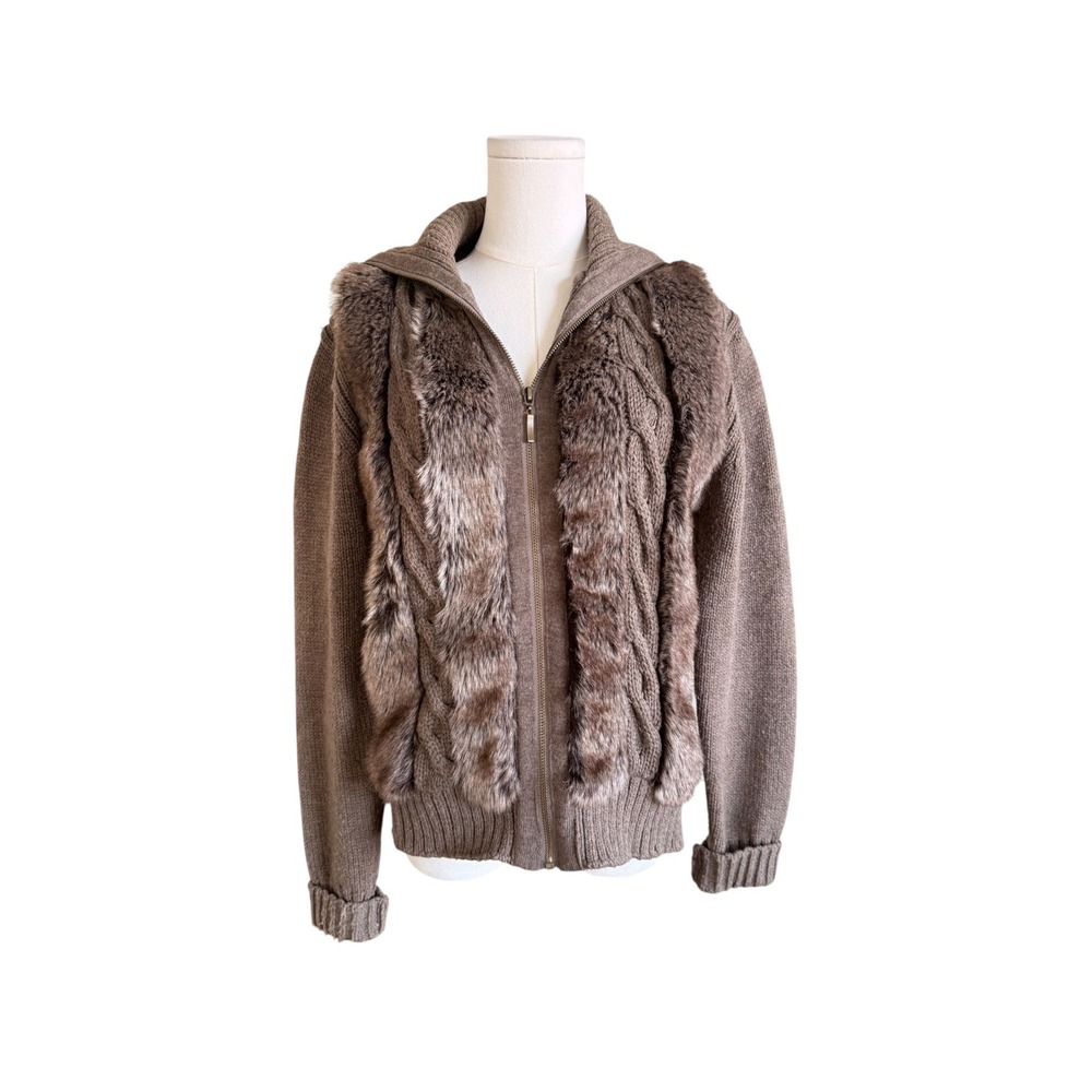 Lisa International Brown Faux Fur Cable Knit Zip Up Cardigan Sweater PXL